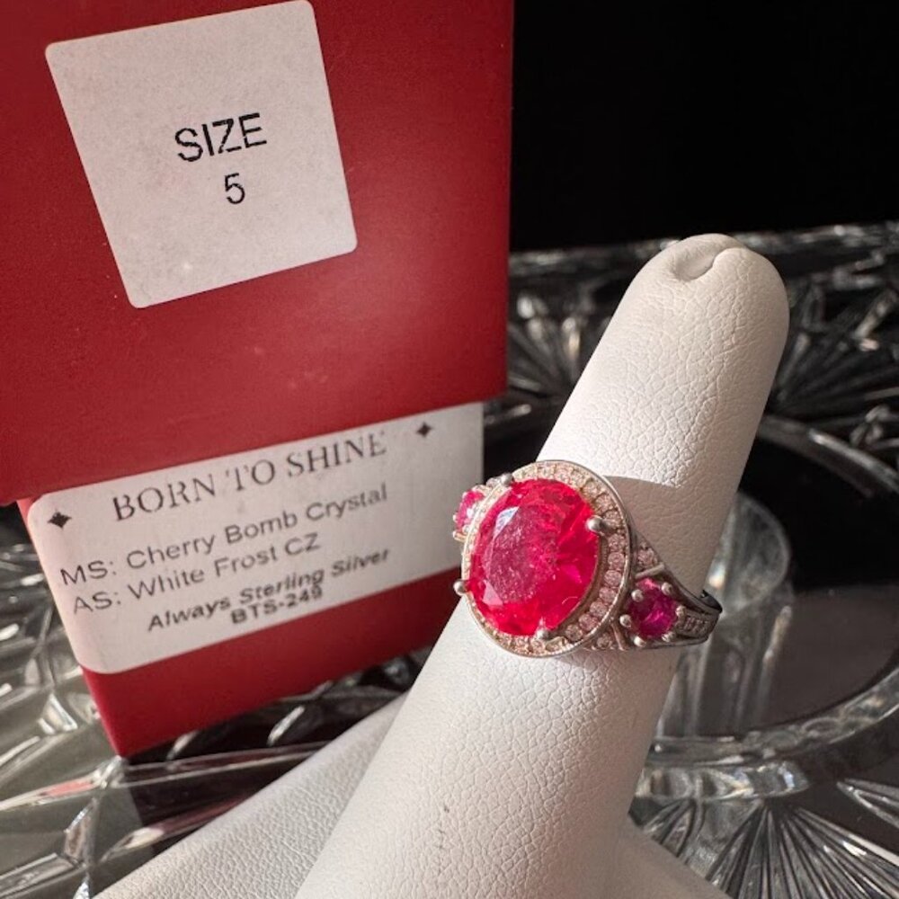 Ryze July Collection  Sterling Ring Cherry Bomb Crystal/White Frost CZ Sz 5